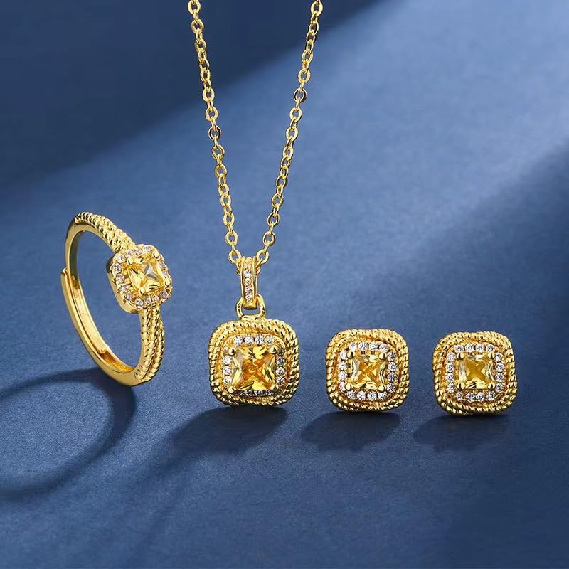 SANNIDHI Women Jewelry Gift Set Bride Necklace Ring Set Luxury Zirconia Rhinestone Embellished Necklace Ring Ear Studs Gift Set Golden Wedding Jewelry Gift Box Set SANNIDHI Women Jewelry Gift Set Bride Necklace Ring Set Luxury Zirconia Rhinestone Embellished Necklace Ring Ear Studs Gift Set Golden Wedding Jewelry Gift Box Set